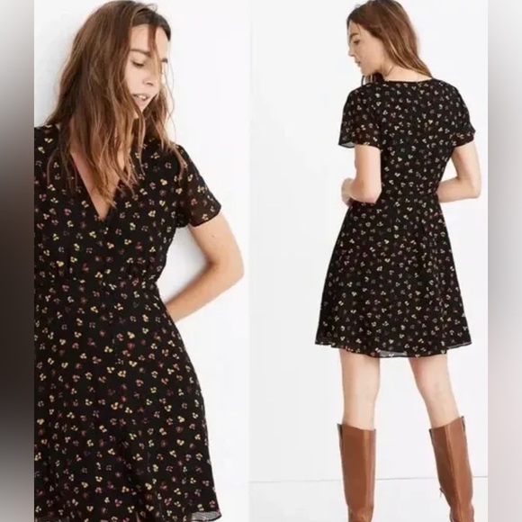 Madewell Silk Black Button-Front Swing Dress in Feline Floral V neck - Picture 9 of 9